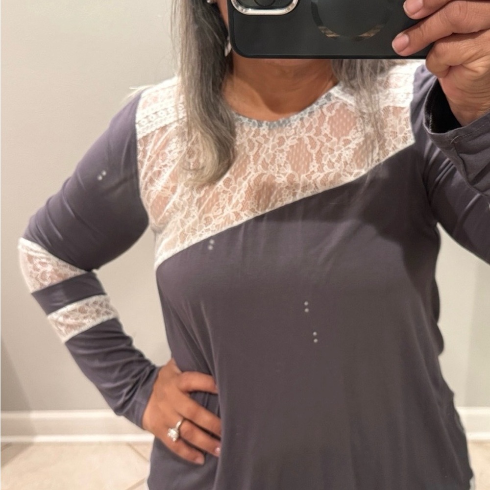 POL Black Long Sleeve Top with White Lace Insets. PTP 21”, Length 27” - Picture 5 of 5